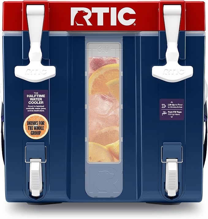 RTIC Halftime Water Cooler Portable Carrier Container Drink Beverage Dispenser Stackable with 2 Taps Bottleless BPA-Free for Sports Camping BBQ Parties Picnic &amp More Patriot
