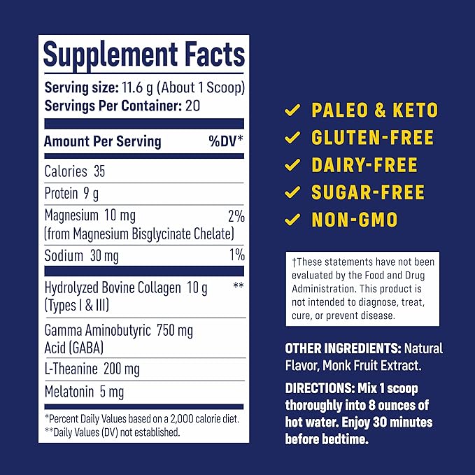 NativePath Collagen PM Sleep Powder Lemon - Melatonin Magnesium GABA &amp L-Theanine with 10g Grass-Fed Collagen - 20 Servings Nighttime Recovery Drink