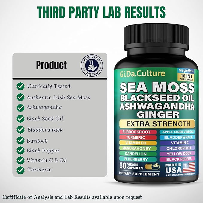 Organic Sea Moss Capsules - Organic Irish Sea Moss Black Seed Oil Ashwagandha Ginger Burdock Root Bladderwrack Turmeric Black Pepper Vitamin C D3-60 Veggie Capsules for Men &amp Women