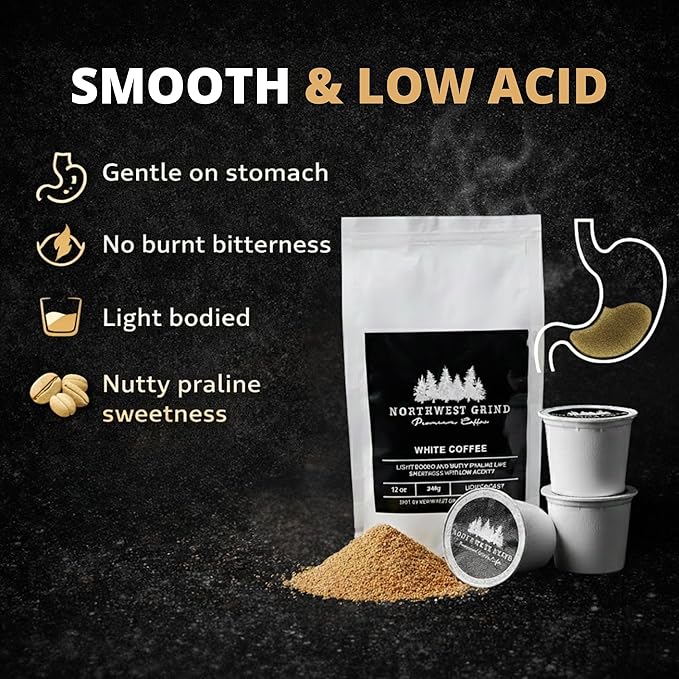 Northwest Grind WHITE COFFEE K-Cup Pods-High Caffeine White Coffee. Smooth Low Acid Light Roast Coffee Pods. Nutty Flavor-Single Serve 100 Count