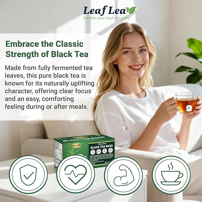 LeafLea 80 Black Tea Bags Premium Black Tea Leaves Rich Bright and Firmly Astringent Promotes Digestive Comfort &amp Steady Alertness Caffeinated Sugar-Free Vegan Enjoy Hot or Iced