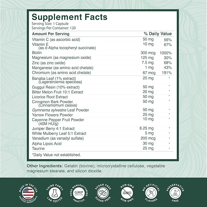PurePremium Normal Blood Sugar Support Supplement - 20 Active Ingredients Complex to Support Blood Sugar Levels Already in The Normal Range - with Cinnamon Bitter Melon Chromium Mulberry - 120ct