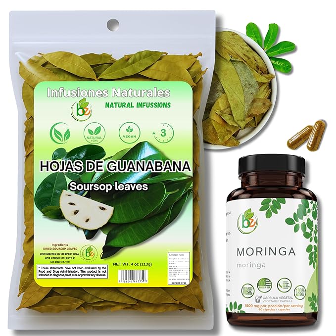 Guanábana Hoja Seca Té (Dried Soursop Leaves Tea) Combo 4 oz Bag + Moringa 90 Organic Capsules 1500 mg per Serving – 100% Natural Vegan Superfood – Non-GMO Gluten-Free – Made in USA – Rich in Ant