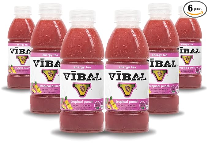 VIBAL ENERGY TEA Tropical Punch 16 Fl Oz 6-Pack Natural Energy High Caffeine Ginseng Theanine Low Sugar Low Carb Low Calorie Adaptogens Nootropics