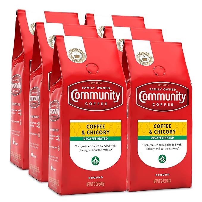 Community Coffee Coffee and Chicory Decaf Coffee Medium Dark Roast Ground Coffee 12 Ounce Bag (Pack of 6)