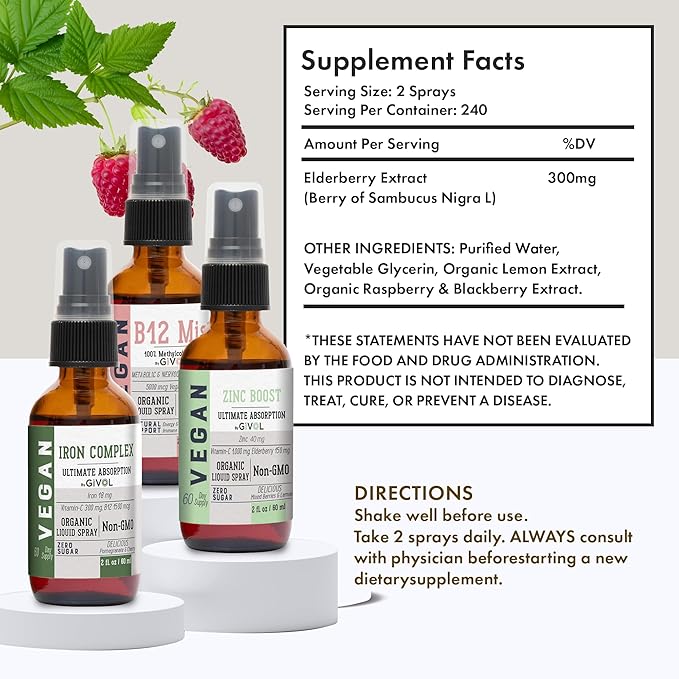 Iron Support Spray Bundle Liquid Vitamin B12 Methylcobalamin Zinc Picolinate and Bisglycinate | Non-GMO Gluten-Free Sugar-Free Iron Supplement | 2 Fl Oz Each | 360 Days Supply