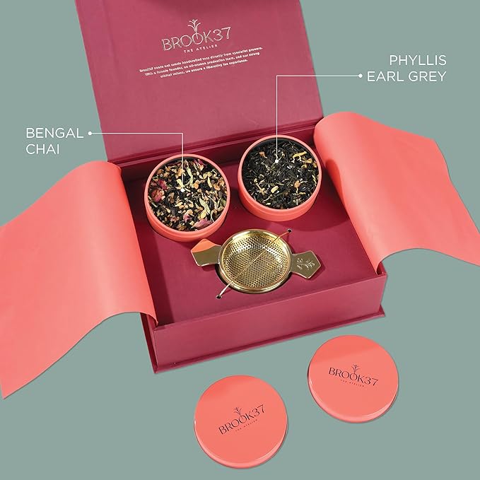 Brook37 Aurum Collection Premium Tea Gift Box - 2-Pc Loose Leaf Tea Variety Pack with Handcrafted Brass Tea Infuser | Luxury Magnetic Gift Box | Ideal Tea Gift Set