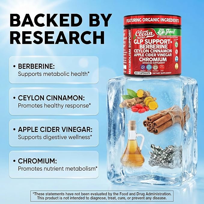 GLP1 Supplement Berberine Ceylon Cinnamon Apple Cider Vinegar Chromium Turmeric PCOS Supplements Immunity &amp Metabolism Support 60 Vegan Capsules by Clean Nutra