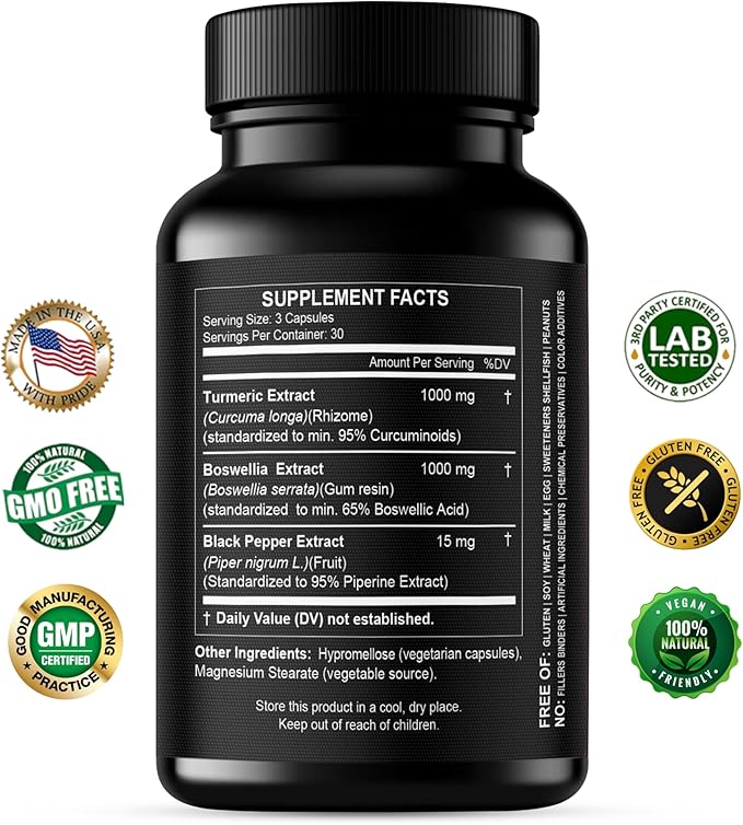Turmeric Boswellia Extract Supplement 2000 mg – Extra Strength Boswellia Serrata with Turmeric Curcumin - 95% Curcuminoids with Boswellia Extract Capsules - Standardized High Potency - Made in USA