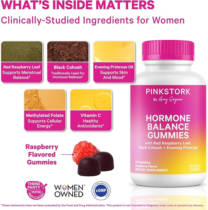 Pink Stork Hormone Balance Gummies for Women – PMS Menopause &amp Estrogen Support – Mood Bloating Hot Flashes &amp Energy – Red Raspberry Leaf Black Cohosh Primrose – 60 Vegan Gummies