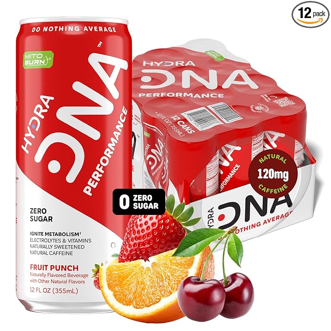 HYDRADNA- Clean Performance Drink Zero Sugar | For Natural Fuel Alertness Boost Stamina120 mg Organic Caffeine Natural Flavors Zero Sucralose Clean Ingredients (12 Pack) (12 Pack Fruit Punch)