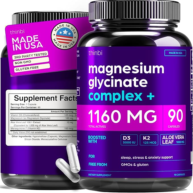Magnesium Glycinate 1160mg + Aloe Vera D3 &amp K2 Complex 90 Capsules - High Absorption Non-Laxative - Supports Muscle Function &amp Healthy Metabolism Chelated Formula