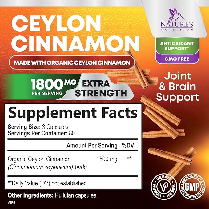 Organic Ceylon Cinnamon 1800mg Per Serving - Extra Strength Certified Organic Ceylon Cinnamon Powder Pills Supplement - Energy &amp Heart Support Antioxidant for Women &amp Men Bottled USA - 240 Ca