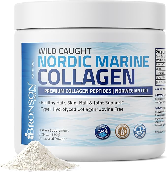 Bronson Marine Collagen Peptides Hydrolyzed Protein Powder 100% Wild Caught Nordic Cod Verified Sustainable Source for Joints Skin Hair Nails &amp Bones 150g (5.29oz)