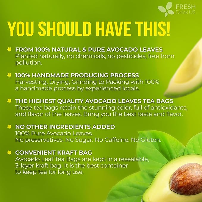 FreshDrinkUS Avocado Leaf Tea Bags | 75 Count | Premium Dried Avocado Leaves Herbal Tea – Caffeine Free Botanical Tea – Fresh Smooth &amp Earthy Flavor. Sugar Free. Vegan