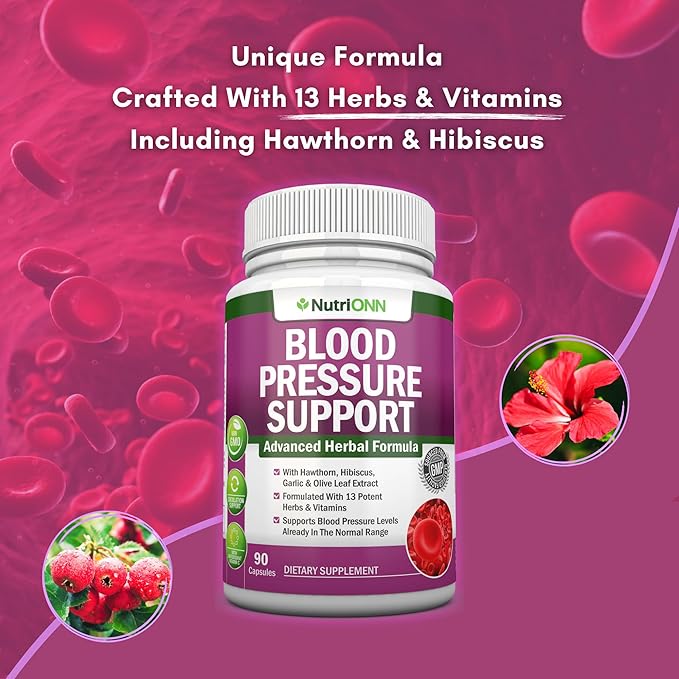 Blood Pressure Support Supplement - 13 Herbs &amp Vitamins - with Hawthorn Hibiscus Garlic &amp Olive Leaf Extract - Natural Supplement for Women &amp Men - High Strength Capsules - Non-GMO - 90