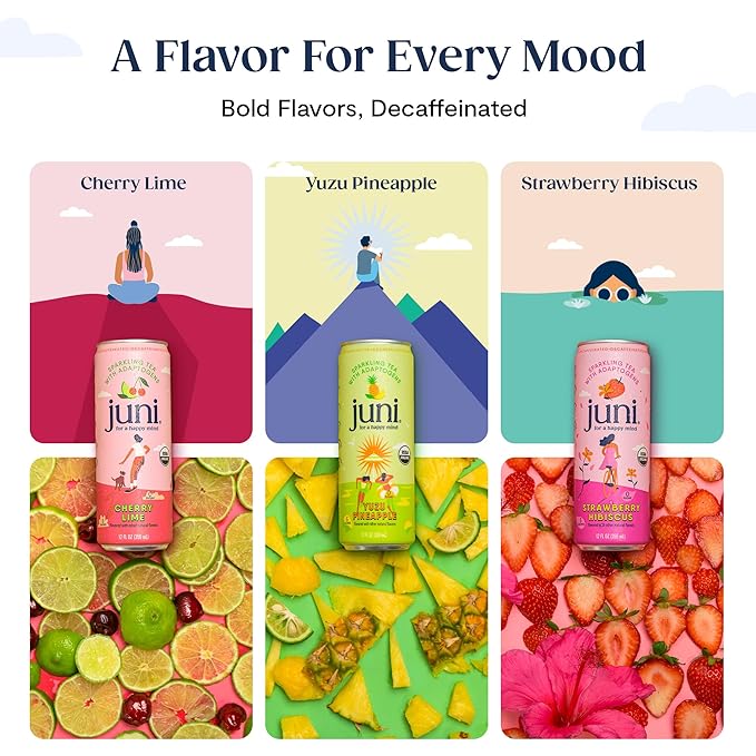 Juni Sparkling Adaptogen Drink with Ashwagandha Lion’s Mane &amp Reishi Mushrooms | Green Tea for Focus Zero Sugar 5 Calories | Decaffeinated Non Alcoholic Drinks - Yuzu Pineapple 12 pack