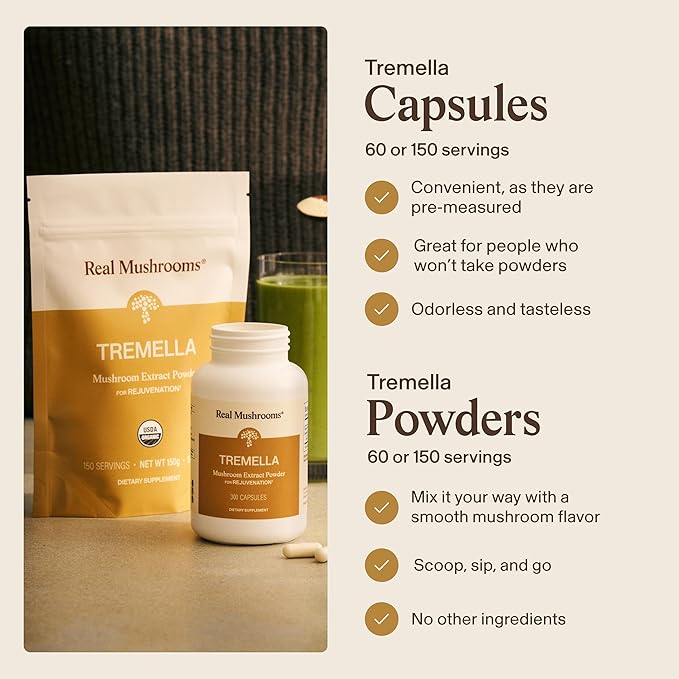 Real Mushrooms Tremella Mushroom Capsules – Organic Tremella Extract from Fruiting Body – Vegan Non-GMO No Fillers – for Daily Wellness Routine – 300 Count Mushroom Blend Supplements
