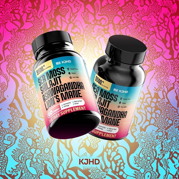KJHD 2 Pcs Shilajit Ashwagandha Gummies with Sea Moss Beet Root Lion’s Mane Mushroom &amp Black Seed Oil – Organic Herbal Superfood Supplement – 120 Vegan Gummies