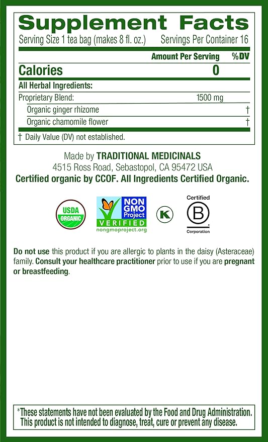Traditional Medicinals Organic Ginger &amp Chamomile Herbal Tea Relieves Occasional Indigestion or Nausea (Pack of 3) - 48 Tea Bags Total