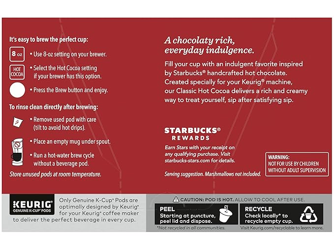 Starbucks Classic Hot Cocoa K-Cup Pods Made with Real Cocoa &amp Nonfat Milk K-Cup Pods for Keurig Brewing System 10 CT K-Cups Per Box (10 Count (Pack of 2))