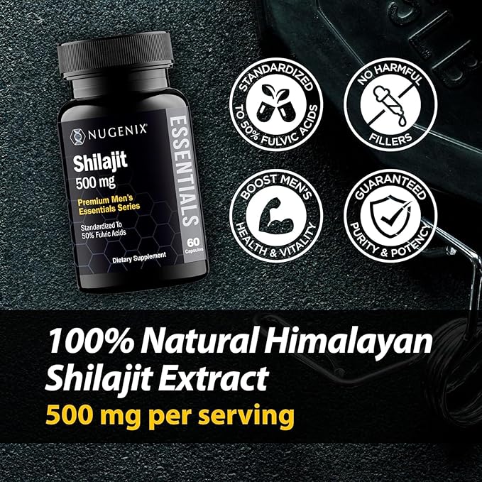 Nugenix Essentials Shilajit Capsules Supplement - 500mg Standardized to 50% Fulvic Acids 120 Capsules