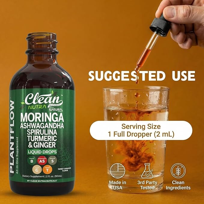 Clean Nutra Moringa Supplement Drops Ashwagandha Spirulina Chlorella Turmeric &amp Ginger Liquid Barley Grass with Chlorophyll Blue Green Algae Vitamin C Antioxidant Holy Basil Ceylon Cinnamon PlantF