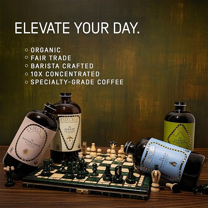 Explorer Cold Brew Organic Liquid Coffee Concentrate Classic Regular Caffeine Drink Iced or Hot 32 fl oz Makes 20+ Cups