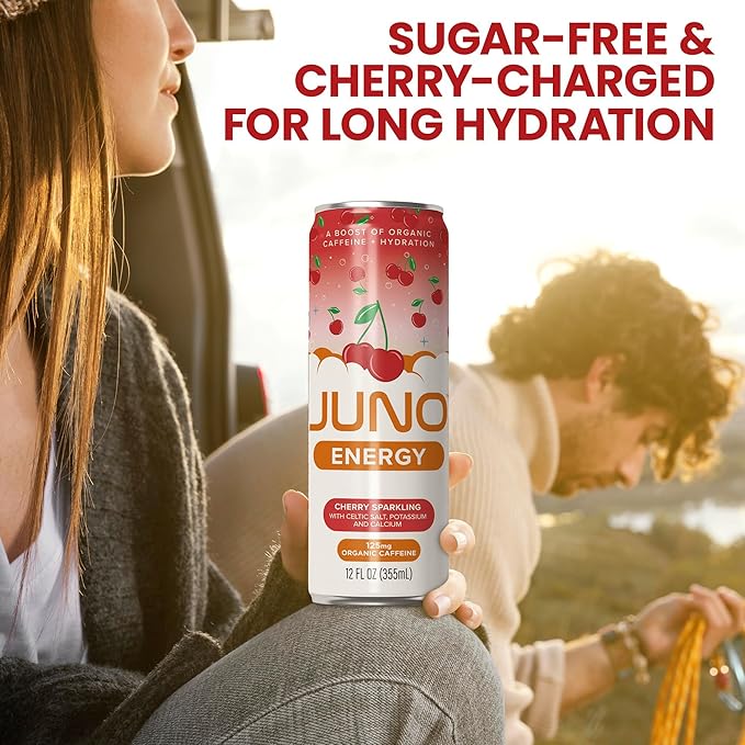 JUNO ENERGY Organic Cherry Sparkling Energy Drink - Sugar Free Energizing and Hydrating with 125mg Organic Caffeine from Green Coffee Beans Stevia Organic Sour and Black Cherry Juice &amp Electrol