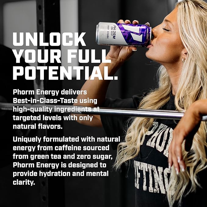 Phorm Energy Drink Grape Smash Flavor 200 MG Natural Caffeine From Green Tea Sugar Free Carbonated Drink With Electrolytes &amp Vitamin B12 Dairy &amp Gluten Free Vegan 16 FL Oz Cans 12 Pack