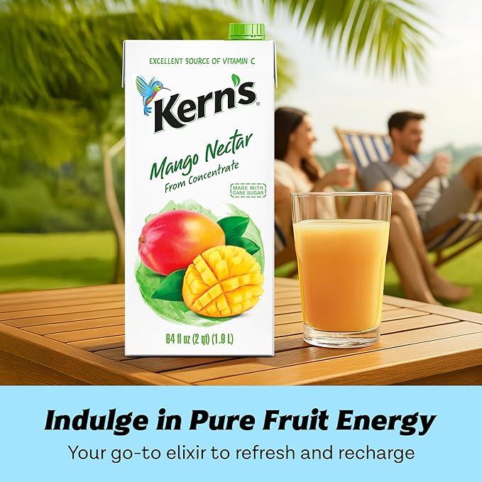Kern’s Mango Juice Nectar - Mango Nectar Made with Fresh Fruit Puree - Tropical Fruit Juice Concentrate for Smoothie Mix Cocktail Mixers &amp Kids Drinks &amp Beverages - 64oz 8 Pack Carton