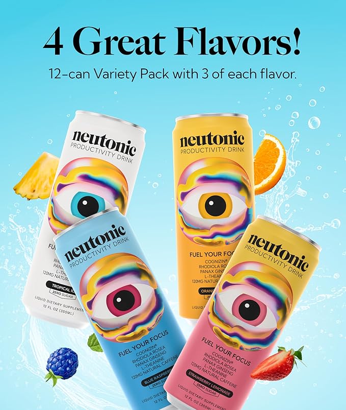 Neutonic Nootropic Productivity Energy Drink | Variety Pack 12 Cans | 120mg Natural Caffeine Zero Sugar | Support Memory Mental Clarity Cognitive Function | Boost Focus Energy Brain Health