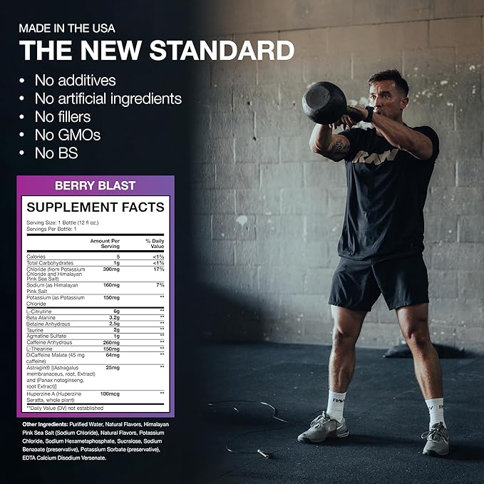 RAW Ready to Drink Pre-Workout Drink - BUM Thavage RTD Preworkout Shakes - Energy Supplement Drinks with Beta Alanine L-Citrulline &amp Caffeine - Zero Sugar (12 Pack Berry Blast)
