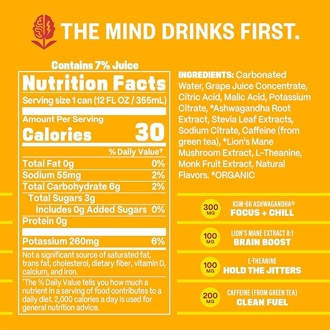 GYM WEED Athletic Focus Drink with KSM-66 Ashwagandha Lion's Mane Mushroom L-Theanine 200mg Green Tea Caffeine with Natural Sweeteners Orange Guava Flavor 12 Pack