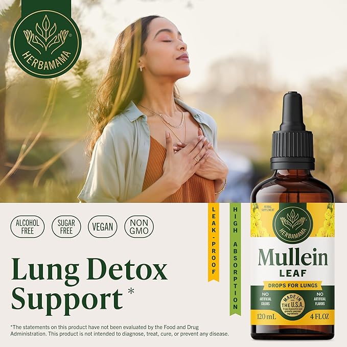 HERBAMAMA Mullein Drops for Lungs - Vegan Lung Cleanse with Mullein Leaf Extract Echinacea Tincture &amp Licorice - Non-GMO Alcohol &amp Sugar-Free Respiratory Support Supplement - 56-Day Supply