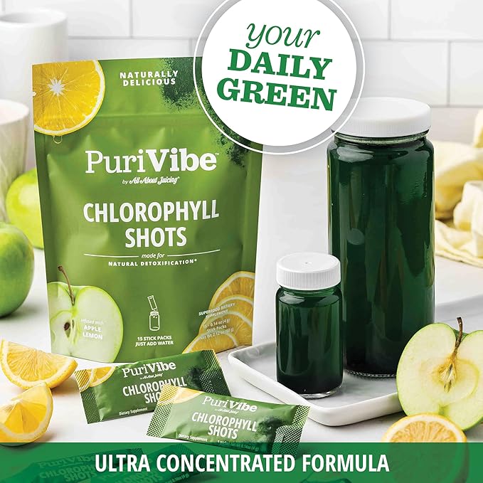 All About Juicing Chlorophyll Green Juice Shots - Clean Energy Detox Alkalize - 30 Stick Packs - Superfood Juice Powder - PuriVibe