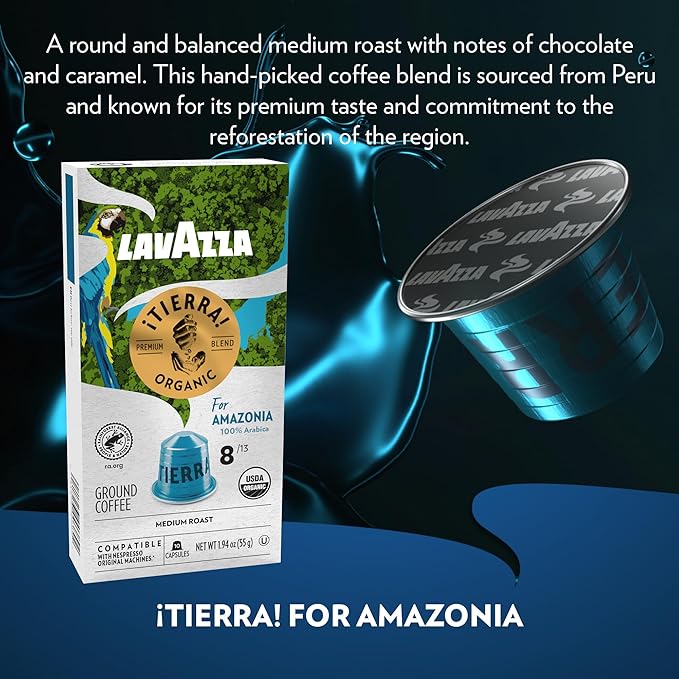 Lavazza TIERRA AMAZONIA USDA ORGANIC Espresso Aluminum Capsules Compatible- Nespresso Original MachinesMedium Roast 100% ArabicaRound &amp Balancedchocolate &amp caramel Intensity 8 of 13(Pack of