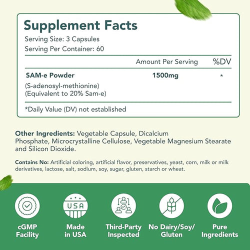 1500mg SAM-e Supplement - High Strength S-Adenosyl-L-Methionine Capsules 1500mg per Serving for Brain Liver and Mood Support - Non-GMO High Absorption Same Supplement (60 Servings)