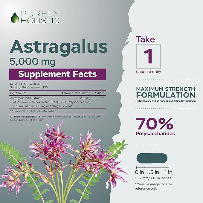 Astragalus Root 5000 MG | 8 Month Supply | Immune &amp Energy Support | 20:1 Astragalus Extract with 70% Polysaccharides | High-Strength Adaptogen Support for Vitality | Vegan &amp Non-GMO | 250 Cap