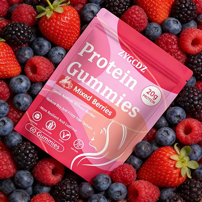 Protein Gummies for Women &amp Men 20g Protein per Serving Zero Sugar Vegan Supports Hair Skin Nails Health with Collagen Energy Boosting Supplement Mixed Berries Flavor 60 Gummies (1) (1)