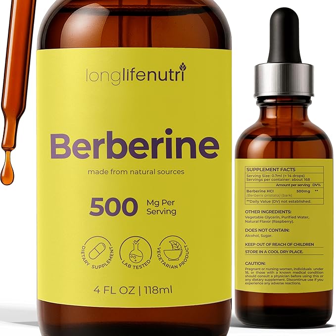 Berberine Liquid Drops - from Berberis Aristata Bark 4 FL OZ Organic Supplement for Gut Balance &amp Natural Energy Sugar-Free Extract Raspberry Flavor 5-Month Supply GMP Certified
