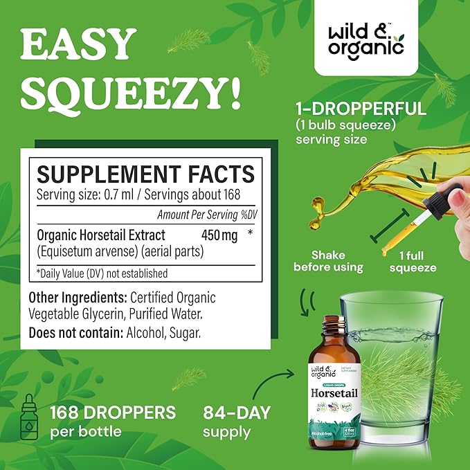 Wild &amp Organic Horsetail Herb Tincture - Hair Skin and Nails Support - Liquid Horsetail Supplement - Vegan Sugar &amp Alcohol-Free Leaf Extract Drops - 4 fl oz