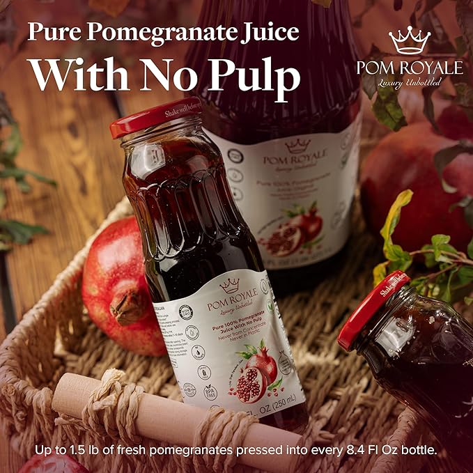 Pure Pomegranate Juice No Pulp 8.4 Ounce Glass Bottle (Pack of 15) Cold Pressed Juice Not from Concentrate Non-GMO No Sugar Added Gluten Free Kosher Certified Preservative Free