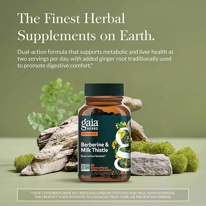 Gaia Herbs Berberine &amp Milk Thistle - Milk Thistle &amp Berberine Supplement with Ginger Root - Supports Liver Health* - Vegan Gluten-Free Dairy-Free Non-GMO Project Verified - 60 Capsules
