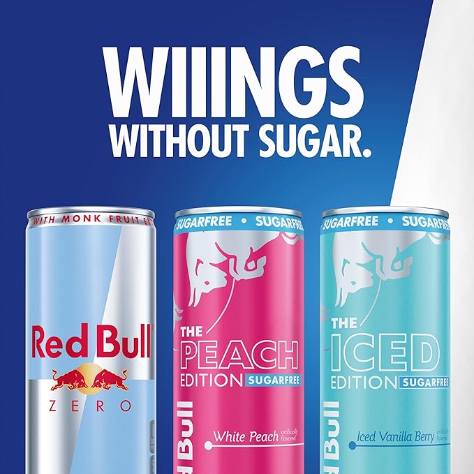 Red Bull Zero Sugar Variety Pack Zero Energy Drink Iced Vanilla Berry &amp White Peach 8.4 Fl Oz 12 Cans (2 Packs of 12)