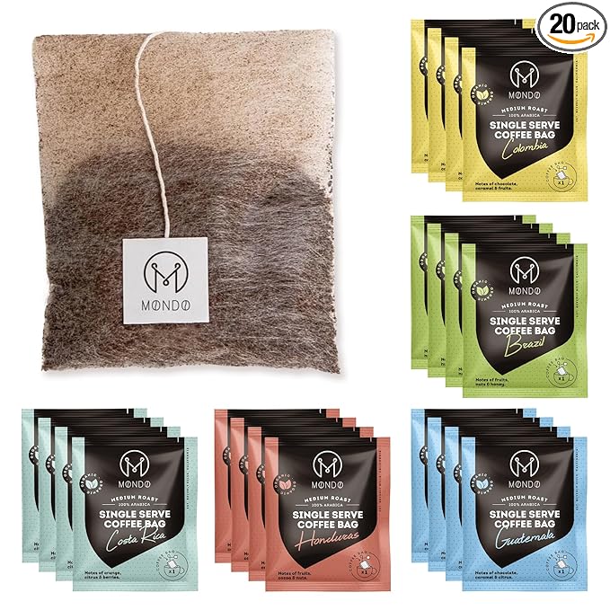 Mondo Single Serve Coffee Bags (20 Cups) Variety Pack - Organic Medium Roast - Disposable Portable Coffee Filters for Camping and Travel Sampler Box of 5 Ground Coffee Flavors