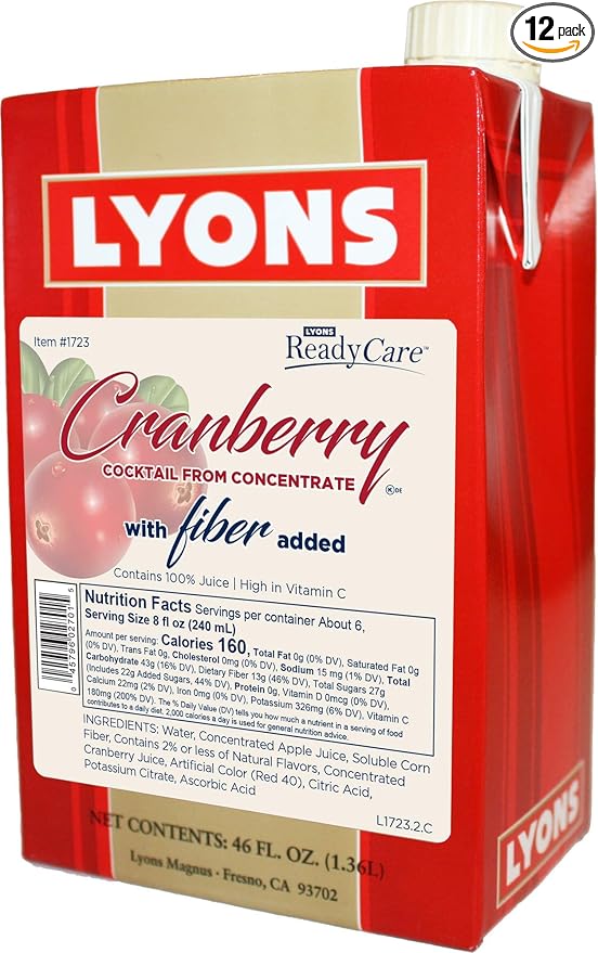 Lyons ReadyCare Cranberry Cocktail 100% Juice with Fiber for Digestive Health - 46 fl oz Cartons (12 Pack)