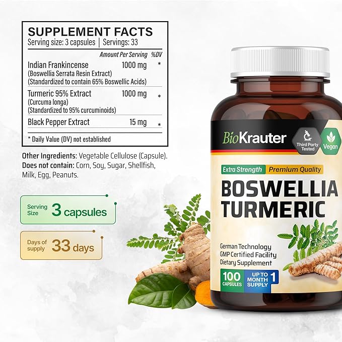 BIO KRAUTER® Turmeric Curcumin Supplement with Boswellia for Joint Support - Vegan Turmeric with Black Pepper &amp Boswellia Extract 100 Capsules 33 Days of Supply Non-GMO - Natural Digestive Suppo