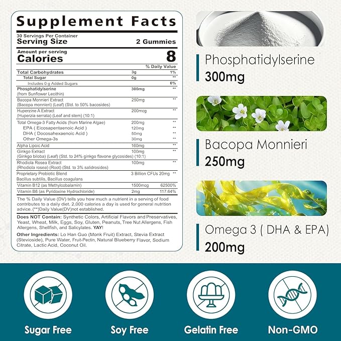 Phosphatidylserine - Nootropic Brian Supplement Focus &amp Energy Gummies + Bacopa Monnieri Omega 3 Huperzine A Methyl B12 &amp B6 for Seniors Gamers Workers Non-GMO Caffeine-Free Sugar Fre
