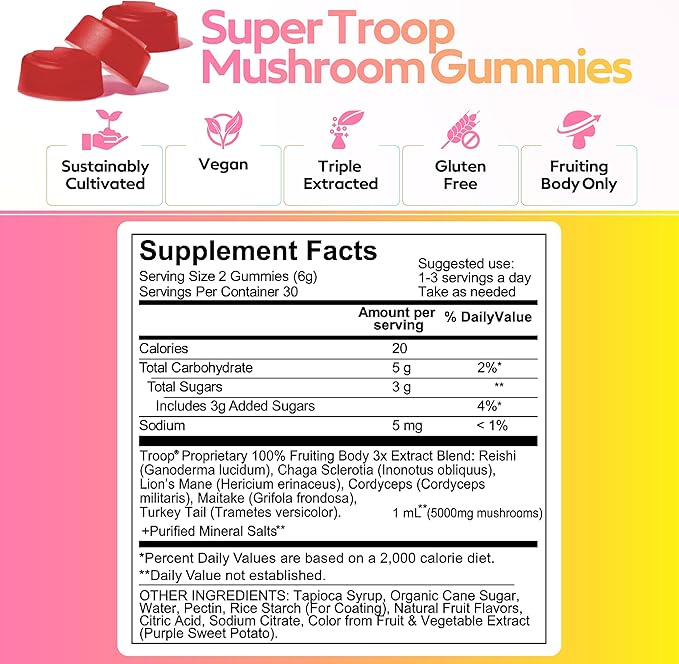 Troop Super 6 Mushroom Gummies — Immunity Energy and Mood Boost — Triple-Extracted Fruiting Body — Vegan 60 Count